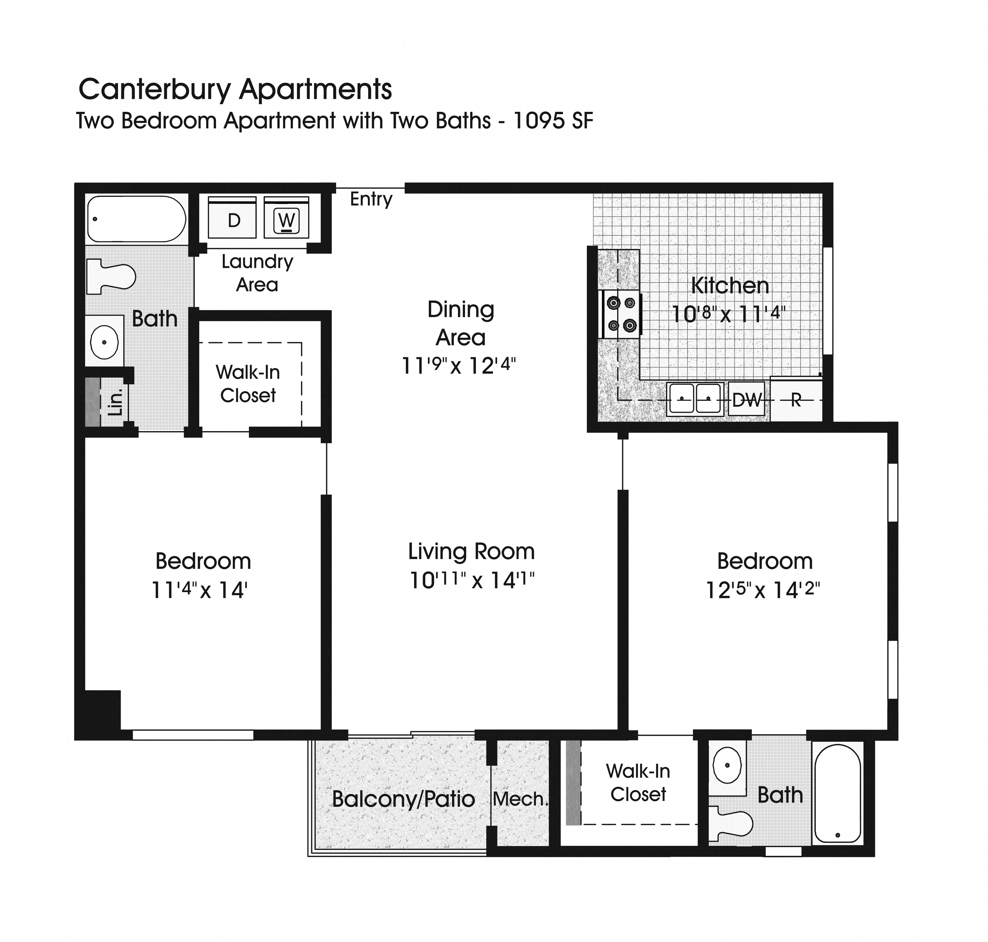 Floor plan for 2 beds, 2 baths, 1095 sqft